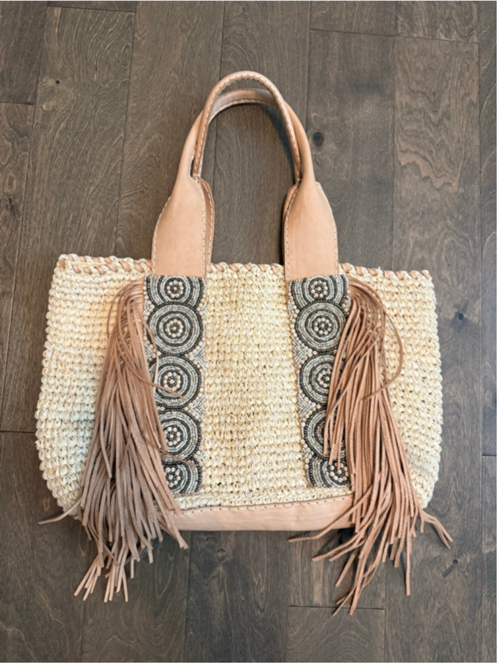 Cocobelle Beige Straw Tote Bag with Brown Fringe